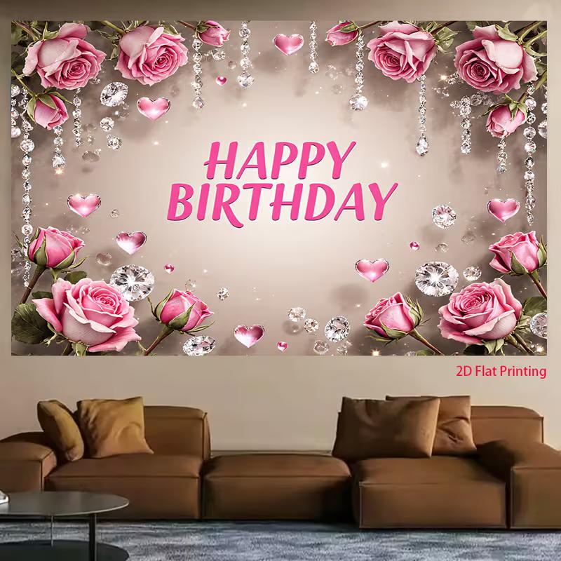2D Rose Crystal Happy Birthday Backdrop Elegant Floral Birthday Background for Women