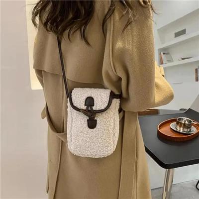 1 Peça Bolsa Feminina Retrô de Lã de Cordeiro Bloqueio de Cores Minimalista Bolsa para Celular Transversal de Ombro Único Bolsa Pequena