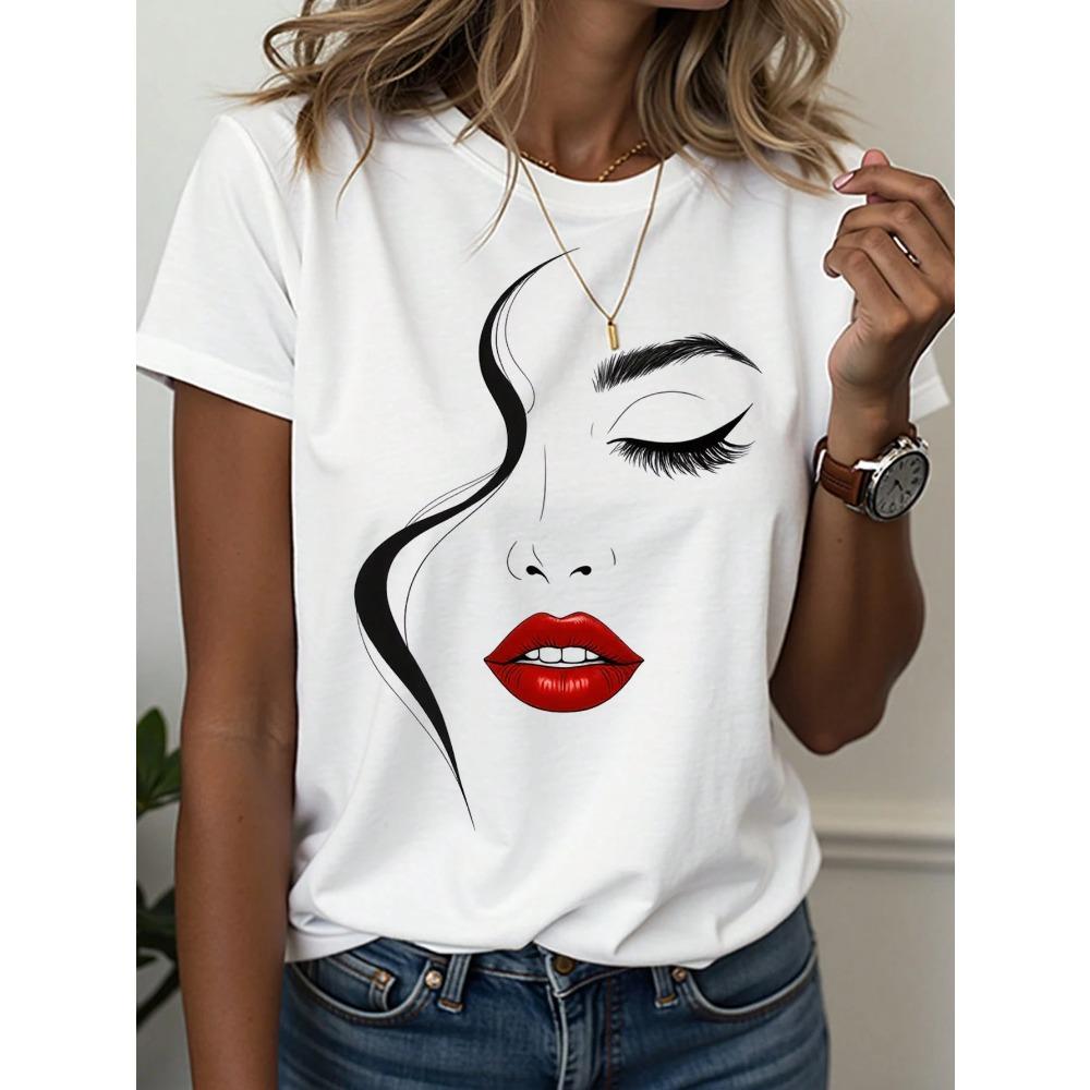 Women's T-Shirt Abstract Face Line Art Graphic Print Tops Casual O-Neck Short Sleeve Tee Summer Outdoor Fashion Female Clothing