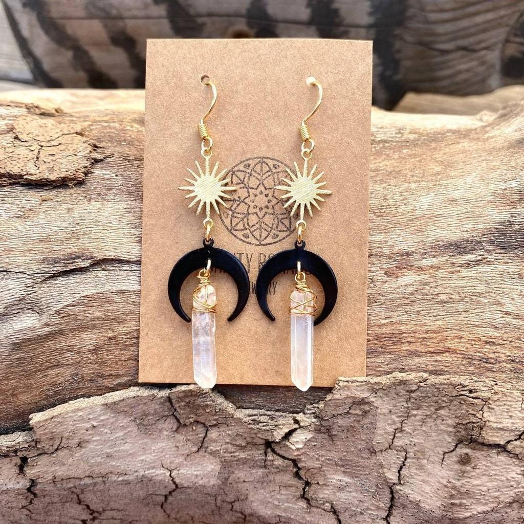 Bohemian Moon Black Quartz Crystal Earrings With Electroplated Alloy For Women And Men