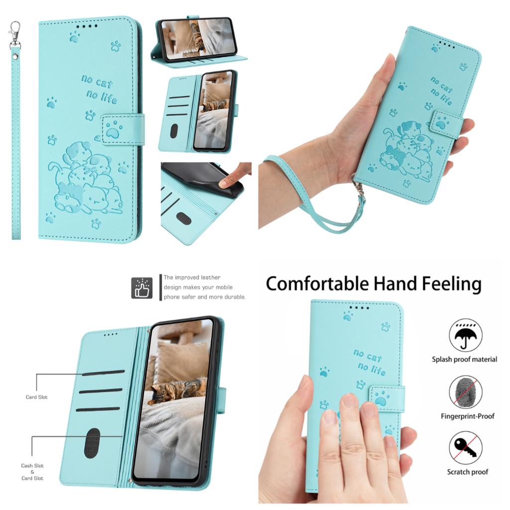 Hellgrüne verspielte Katze-Themen Leder-Brieftasche Ständerfunktion Handyhülle für iPhone Samsung Huawei Honor Xiaomi Redmi Oppo Infinix Tecno Google...