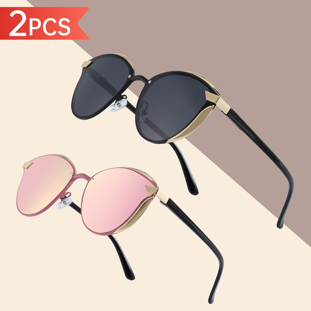 2pcs Women'S Round Frame Classic Retro Style Polarized Sunglasses, Comes with Perfect for Outdoor Vacations Beach Parties