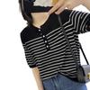 Damen Koreanisch Slim Fit Farbkontrast Gestreift Kurzarm T-Shirt Pullover