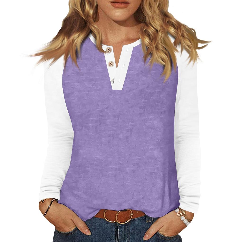 Women's T Shirt Color Block Button Long Sleeve Daily Weekend Fashion Basic V- Neck Regular Top