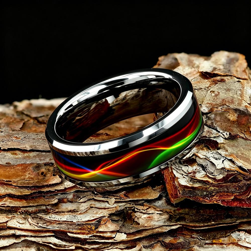 Vintage Red Rose Flower Inlaid Stainless Steel Ring High Polished Bevel Edge Wedding Band Retro Romantic Love Jewelry Gift
