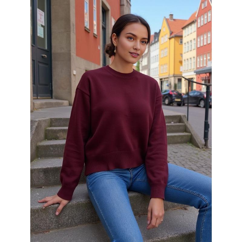 Women S Thick Knitted Crew Neck Loose Pullover Sweater For Autumn Winter