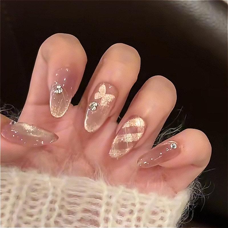 24Pcs Long Almond Press On Nails With Gold Bow And Cherry Pattern Artificial Nail Tips