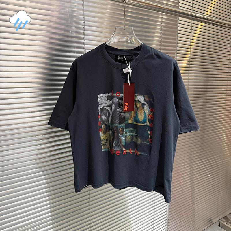 2026 Summer Style Cracked Character Pattern Print Paly Tshirt Tee Unisex Unisex Hip Hop Vintage Washed Blue Damaged Hole Tee