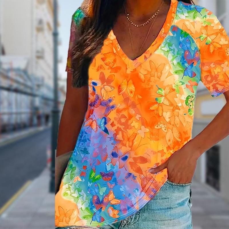 

Модна жіноча футболка з принтом осіннього листя та метеликів, смішна повсякденна футболка з круглим вирізом і короткими рукавами, літня жіноча футболка 8XL помаранчевий