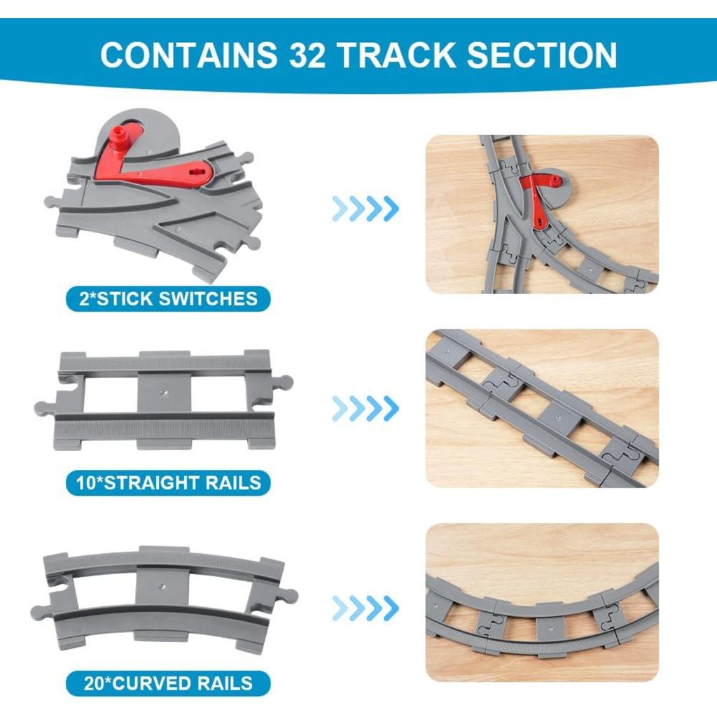 Train Tracks for Building Blocks, 32 Parts City Railway Set | Includes Straight & Curved Rails | Toy Gift for Kids