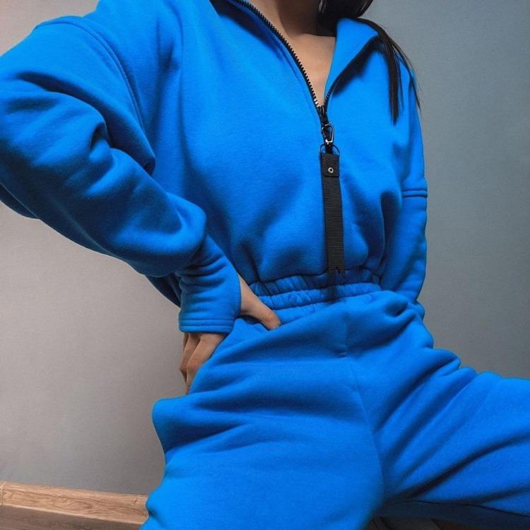 Women Hooded Jumpsuit Long Sleeve V Neck Solid Color Wide Leg Pants Suit Loose Autumn Winter Top