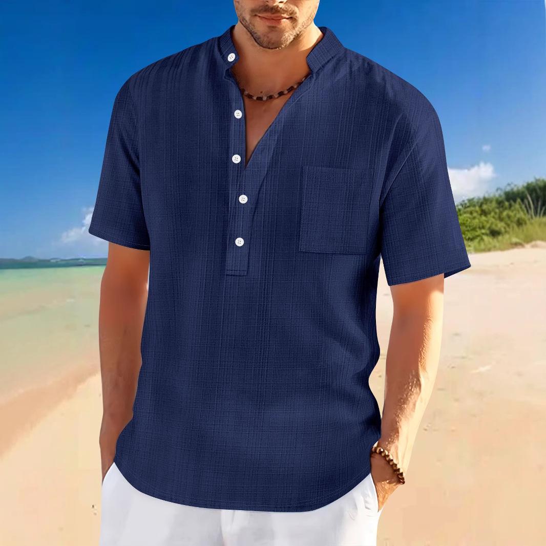 

Men s Stand Collar Bamboo Imitation Linen Short Sleeve Shirt Loose Tees Casual Jacquard Henley Tops XXL темно-синього кольору