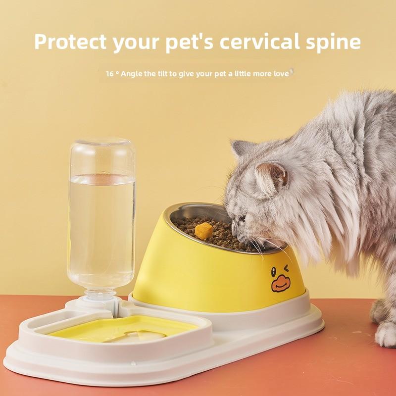 Stainless Steel Pet Bowl - Cat and Dog Food Dish with Anti-tip Feature and Neck Protection, Combined with A Double Bowl for Water and Food.