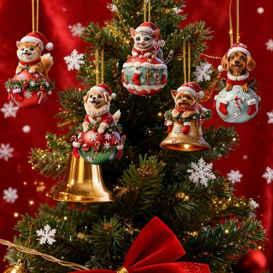 12 Pcs Wooden Christmas Ornaments Cartoon Cat/Dog On The Ball Christmas Hanging Decorations for Xmas Tree Car Window Decor