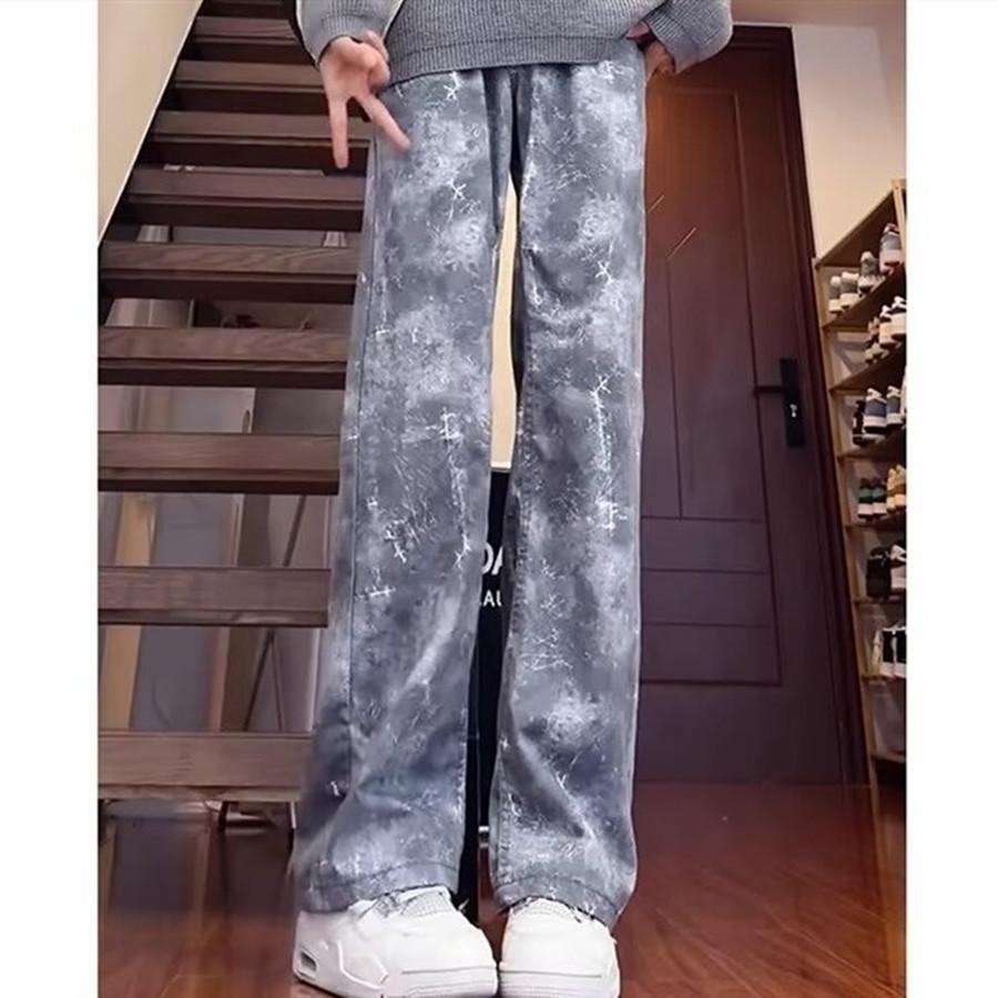 Tie-dyed pants men's spring and autumn models American high street loose jeans niche design straight tube micro-pull pants men