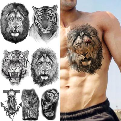 Black Lion Tillfälliga tatueringar för män Pojkar Realistisk Tiger Wolf Skalle Kompass Bläckfisk Fake Tatuering Sticker Bröstarm Tatueringar 3D