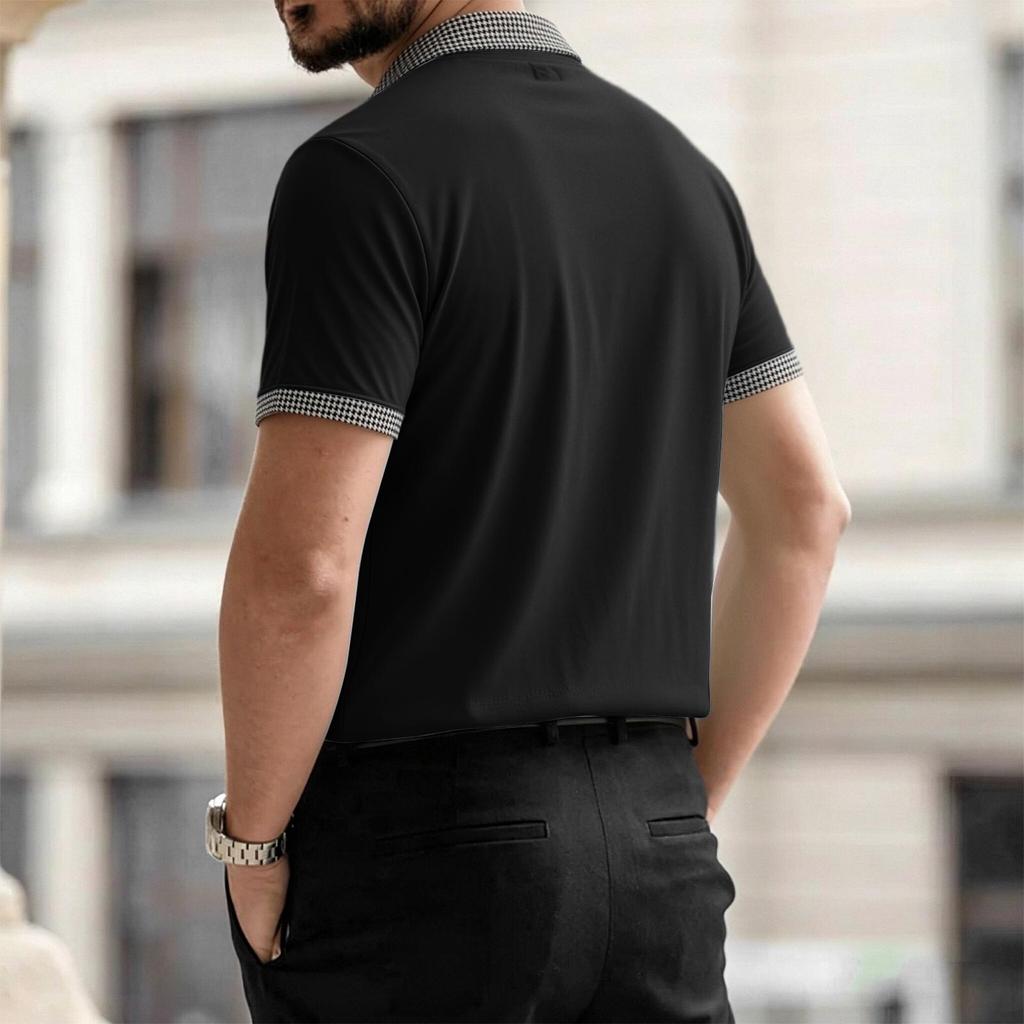Polo Estiva da Uomo a Colore Unito Manica Corta Casual Traspirante Leggera Misto Cotone Top con Collo e Polsini a Quadretti