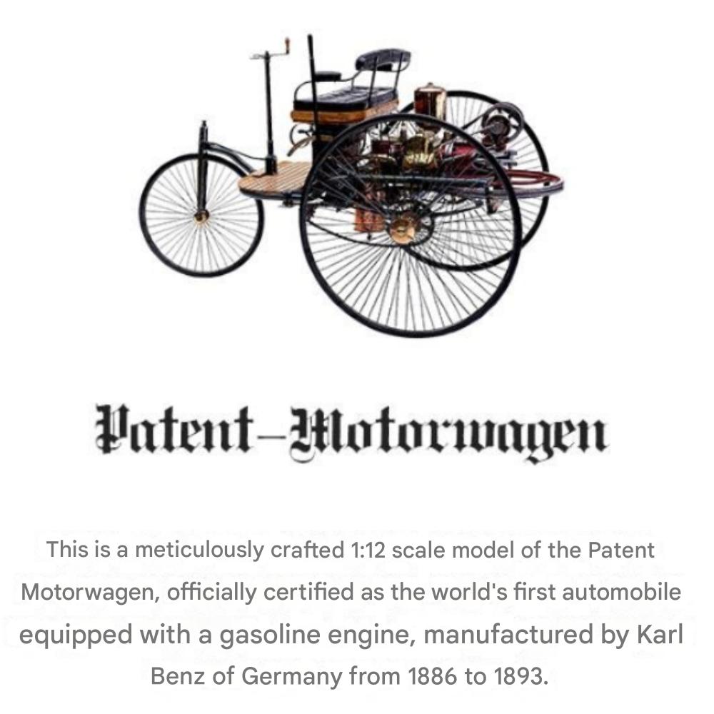 Samochód Klasyczny Karl Benz Patent-Motorwagen1886/1893 Model 1:12 Odlewanych ciśnieniowo (Opcja 2)