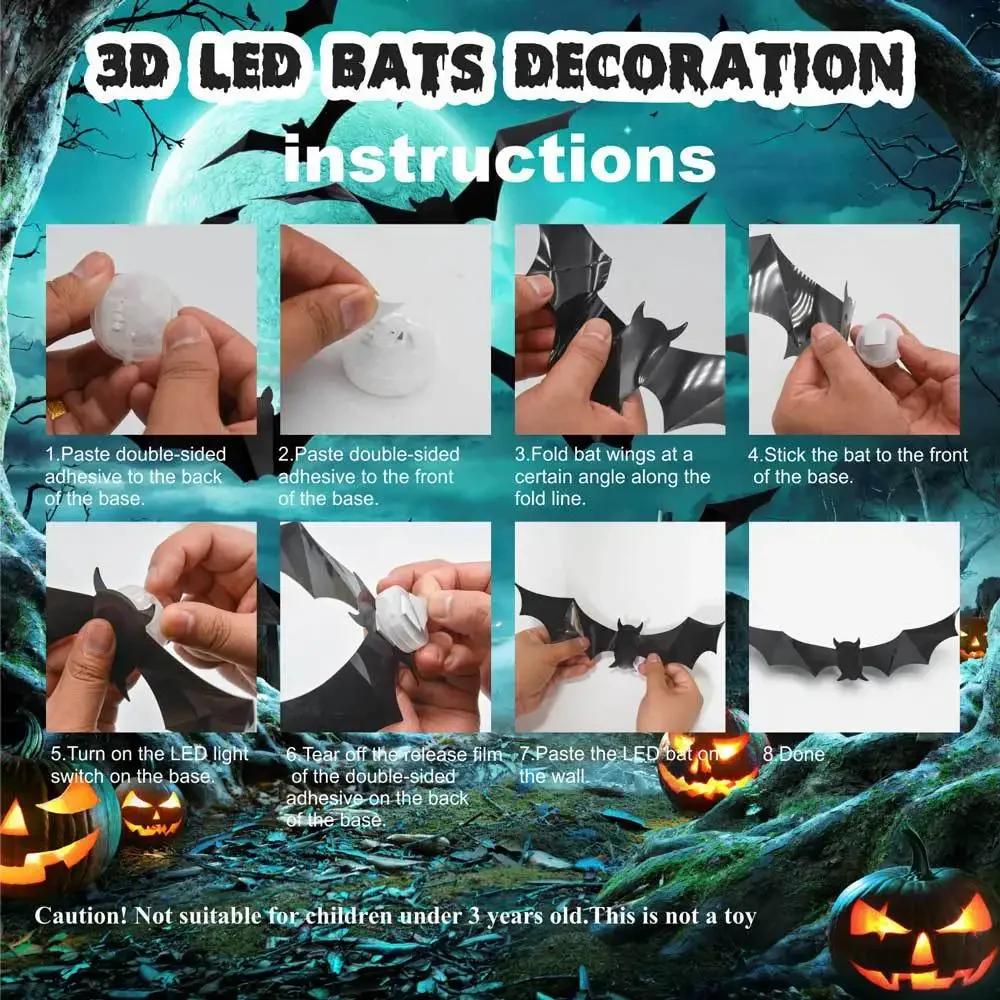 10-72 Stück LED Fledermäuse Spinnen Deko - Im Dunkeln leuchtende 3D Wandsticker mit lila Lichtern für Indoor/Outdoor Halloween Party Schrecken