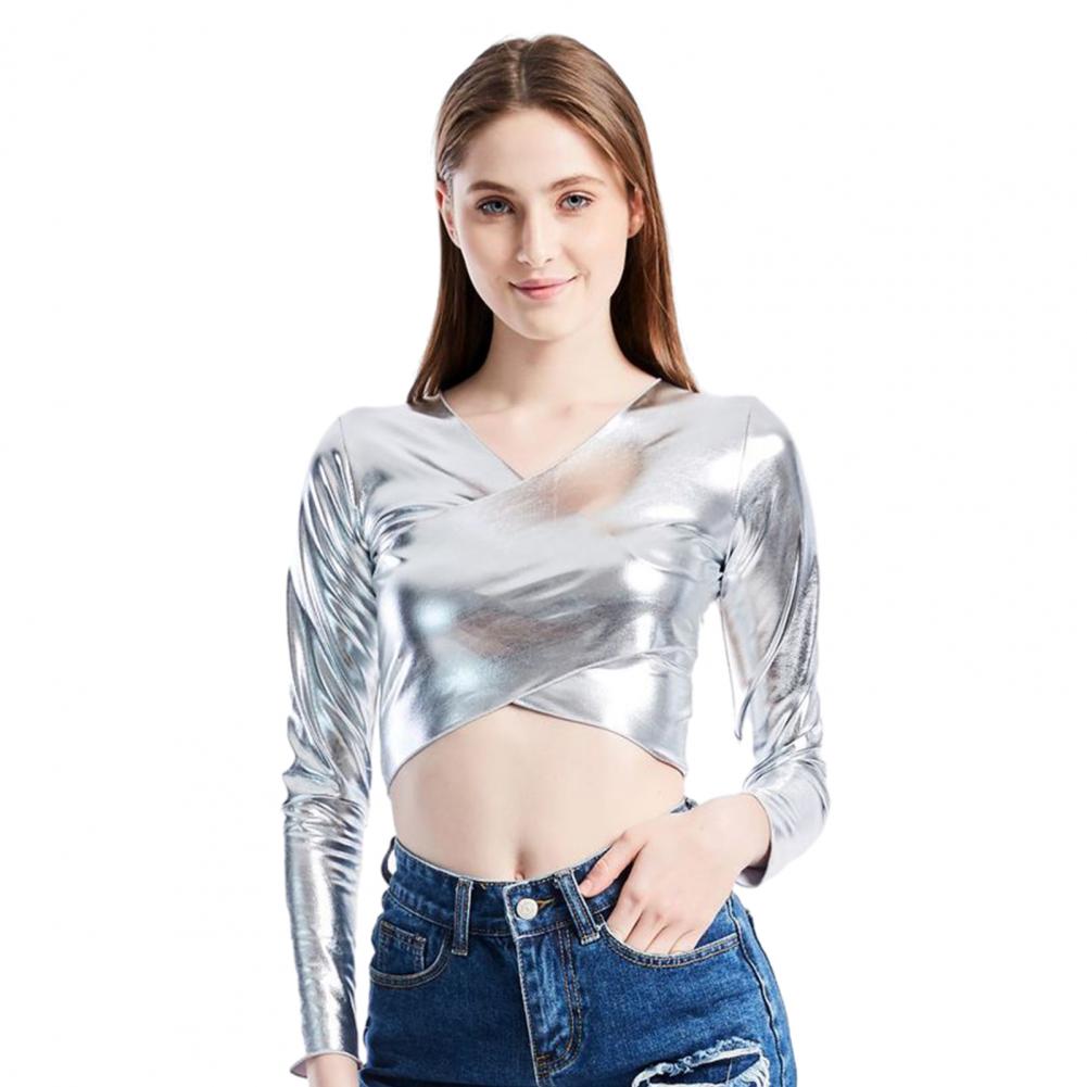 Women Club Top Short Waist-exposed Long Sleeve V Neck Smooth Glossy Faux Leather Pullover Slim Fit Soft Breathable Performance D