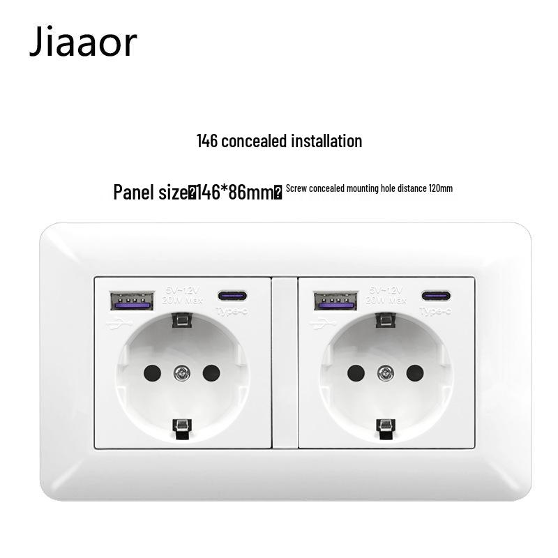 16A White German-Style Double Gang Wall Socket Panel with USB & Type C, European Standard.