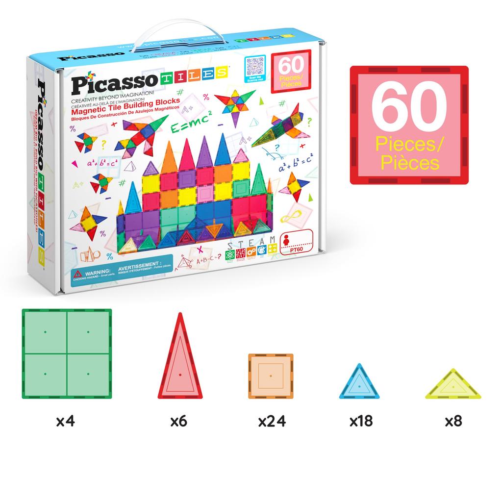 PicassoTiles Set de 60 de bucăți 60 de bucăți de plăci magnetice pentru construcții Blocuri de construcție magnetice clare 3D Placă de joacă pentru construcție Inimaginabil Convențional -