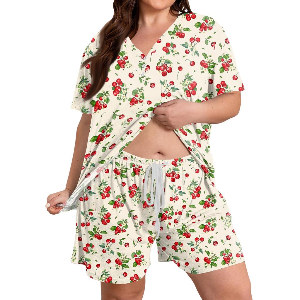 Women Casual Two Piece Set Short Sleeve V Neck Loose Fit Top with Elastic Waist Shorts Plus Size Printed Loungewear Sleepwear Set