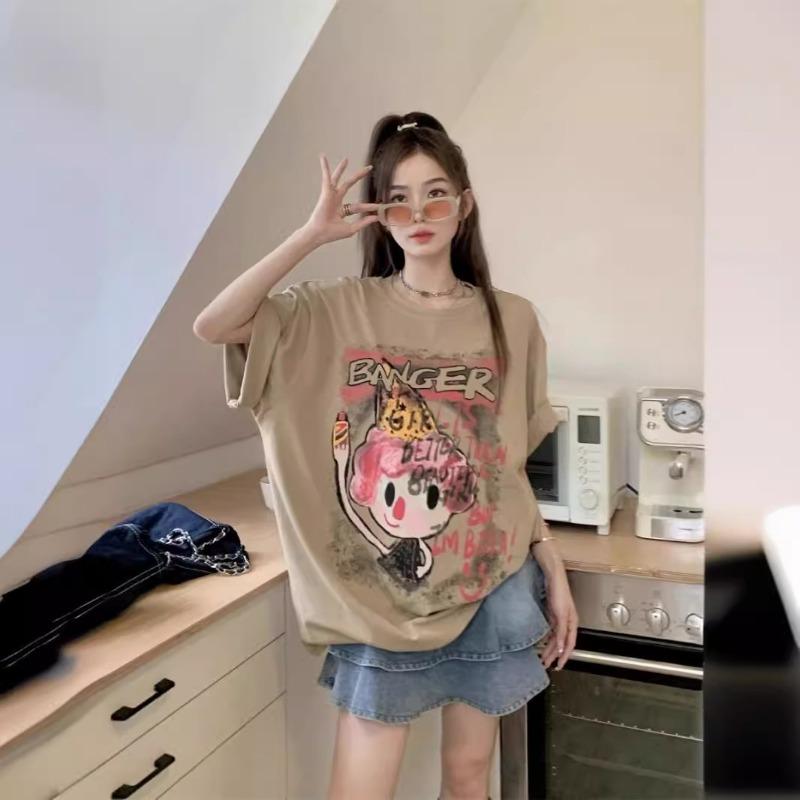 Summer Vintage Street Style Printing Loose Casual Short Sleeve Tee Top Women Cotton All-match Pullover T-shirt