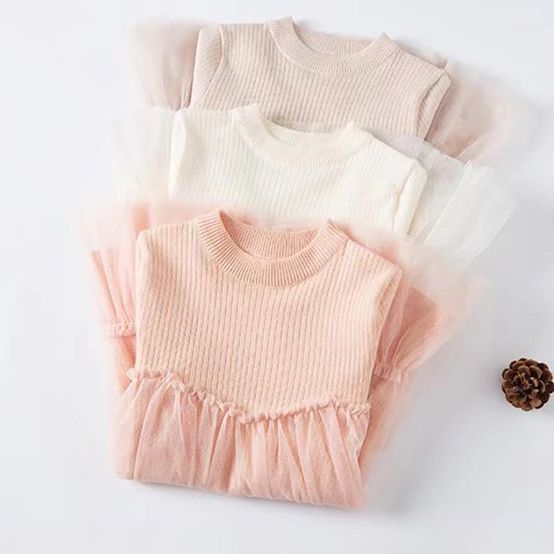 2026 Girls Long Sleeve Pink Princess Dress Solid Color Tulle Skirt Kids
