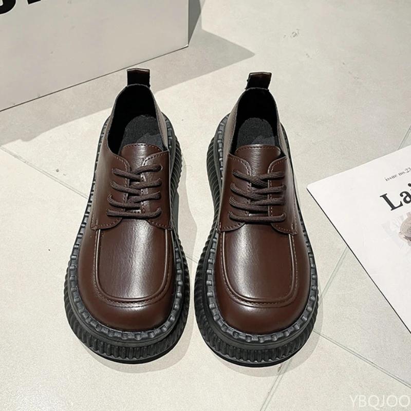 New Thick soled loafers Round toe versatile ladies pumps British style leather Shoes Fashion casual Women s high heels Zapatos 35