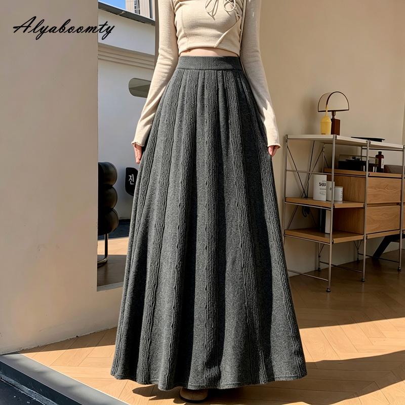 Autumn Winter Women Maxi Long Knitted Skirt Elastic Waist Beige Black Gray Knitting Thick Warm Skirt Elegant Feminine Basic Ladies' Pleated Skirt