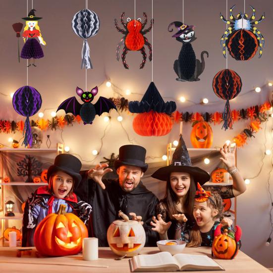 Honeycomb Halloween Hanging Decorations Ghost Spider Pumpkin Witch Bat Paper Honeycomb Centerpieces for Indoor Window Haunted House Decor