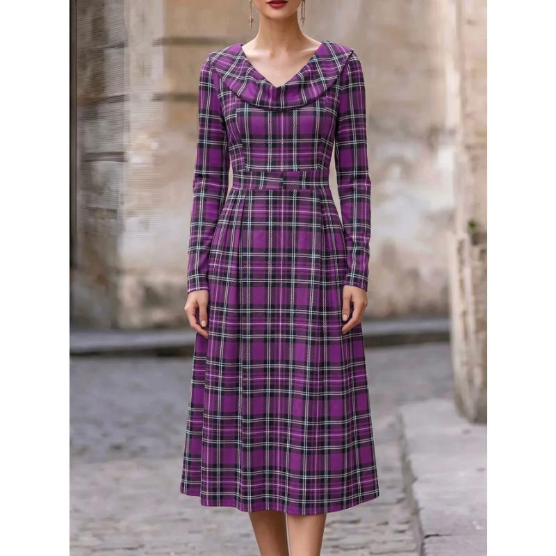 Women Loose Plaid Printed Long Sleeve Long Vintage Dress