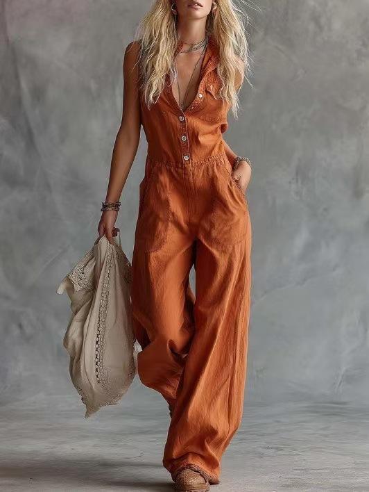 2026 New Amazon Independent Station European and American Casual Fashion Western Style V-neck Front Buckle Sleeveless Linen Jumpsuit