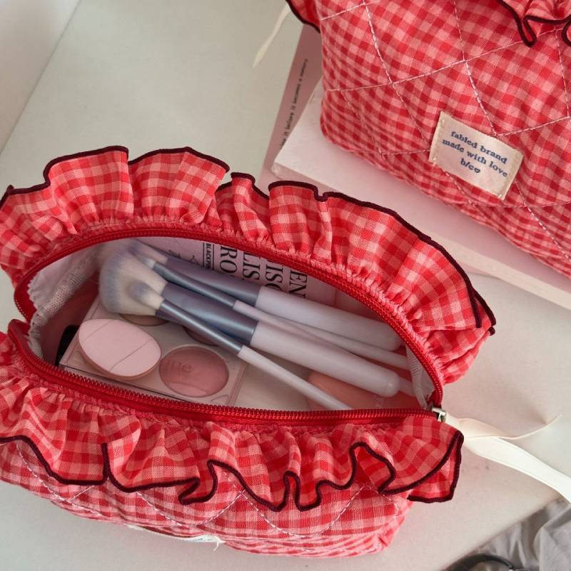 Cotton Makeup Bag With Lace Trim For Travel And Daily Use Ladies Organizer