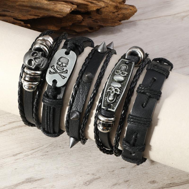 Hot Sale 5-piece Punk Style Handwoven Vintage Fashion Small Cone Skull Alloy Accessories