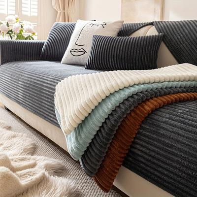 1 Stück Winter-Sofabezug mit geraden Streifen, verdickter warmer Plüsch, rutschfester Sofabezug, einfacher, moderner Stil, schmutzabweisender und rutschfester Sofabezug für Haustiere