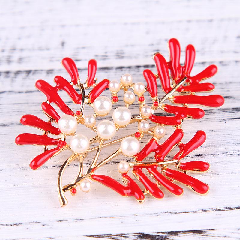 Coral Flower Pearl Brooch Drop Oil Design Women's Clothing Decor Cute Style Long-lasting Color Exquisite BFF Gift Accessory