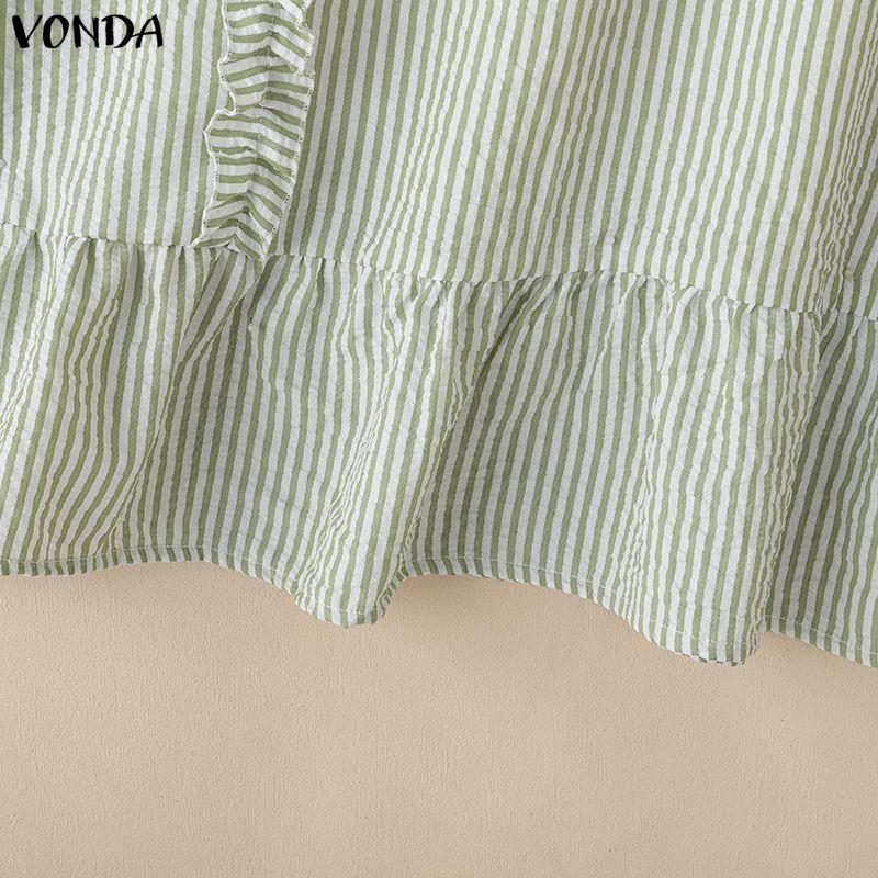 VONDA Women Casual Loose Turn Down Collar Long Sleeve Striped Ruffled Shirt Dress