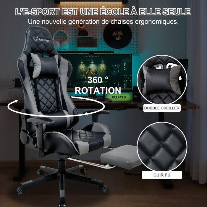 Chaise Gaming FOXSPORT-Ergonomique avec Support Lombaire, Appui-tête et Repose-pied, Hauteur Réglable Inclinable 90 °-180 °-Noir