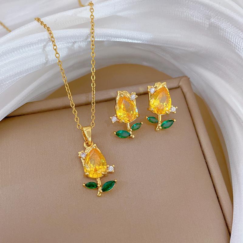 Champagne Gold Rose Set Light Luxury Temperament Gorgeous Full Diamond Necklace Women'S Versatile Collarbone Titanium Steel Chain