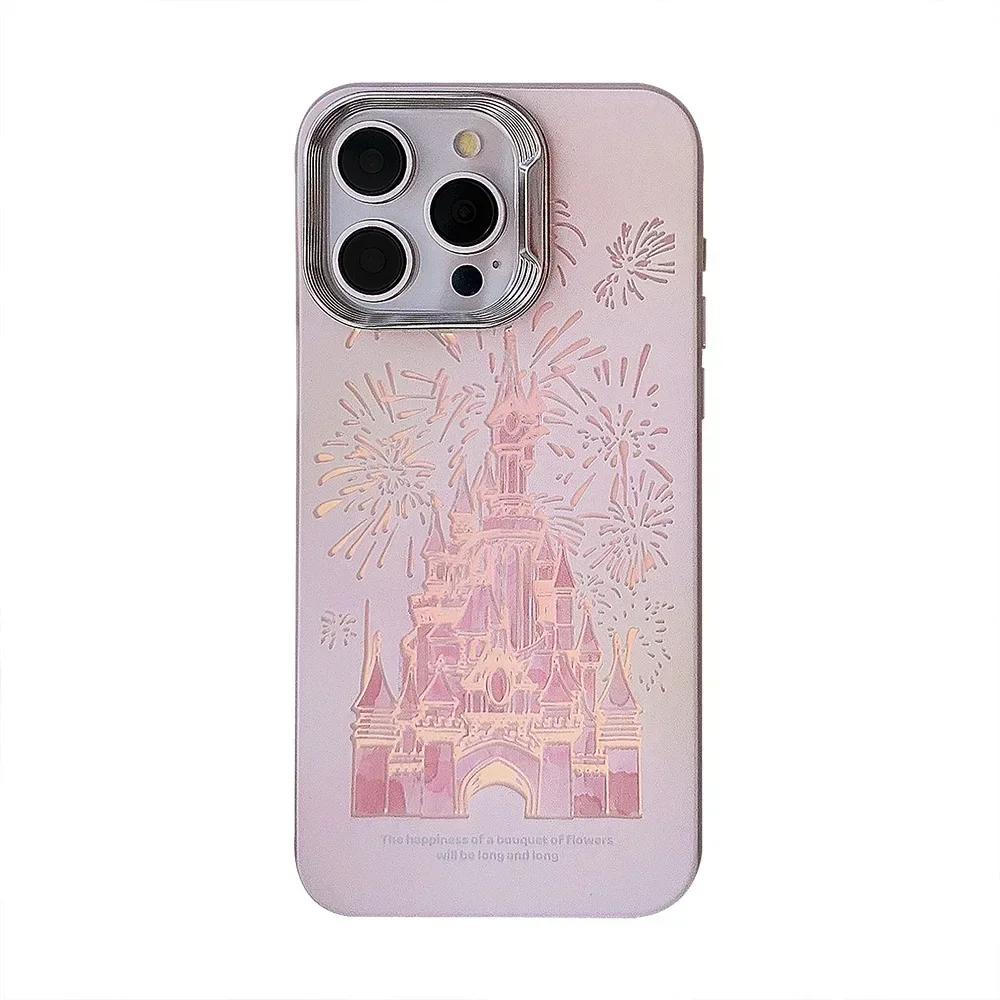 Pink Glitter Phone Case for iPhone 16 Pro Max Plus 15 14 13 12 11 Laser Shiny Bling Cute Cartoon Castle iPhone Protective Cover
