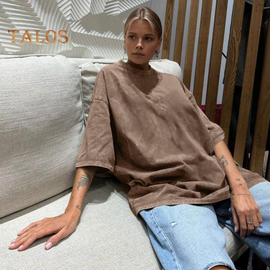 Damen T-Shirt Rundhals Kurzarm Loose Fit T-Shirt Einfarbig Washed Distressed Retro Pullover Tops Streetwear