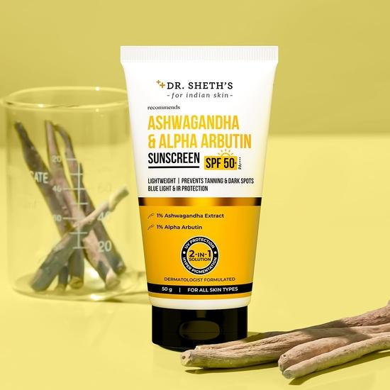 Dr. Sheth's Ashwagandha & Alpha Arbutin Sunscreen SPF 50+ PA++++ | 2 in 1 Solution for Hyper Pigmentation | 50g For All Skin Type