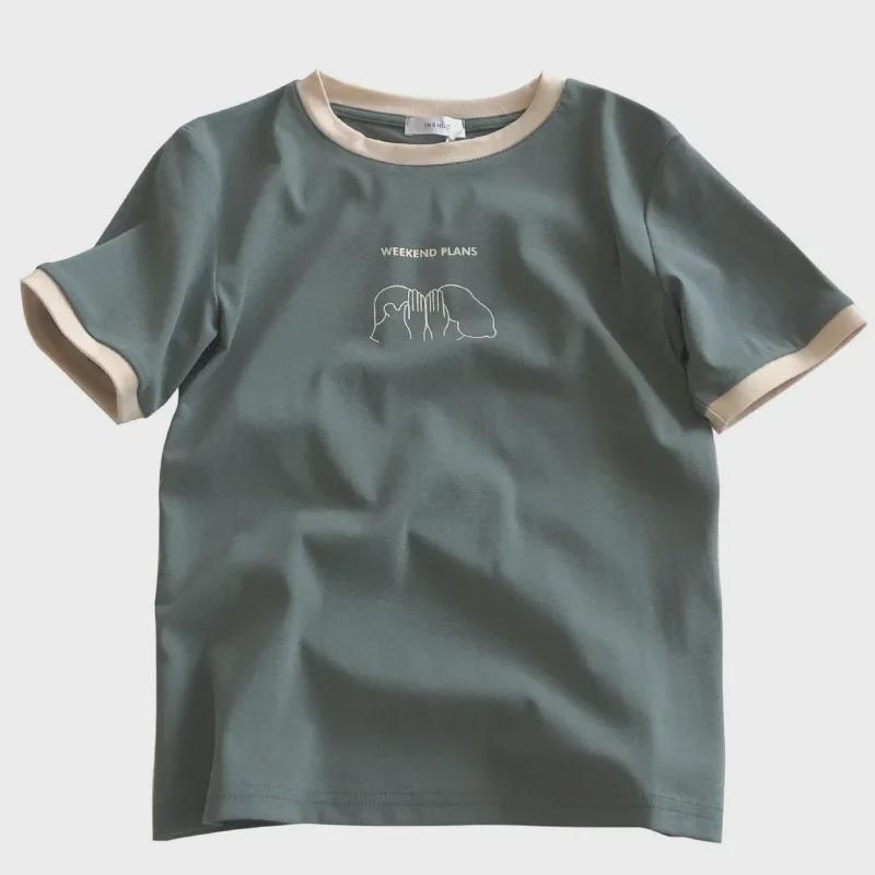 Dam 2024 Sommar Slim Fit Färgblockerad Kortärmad T-shirt - Casual Koreansk Stil