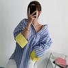 Spring Autumn Women's Fashion Color Blocking Striped Shirt Korean Style Loose Fit Slimming Medium-Length Base Shirt Casual