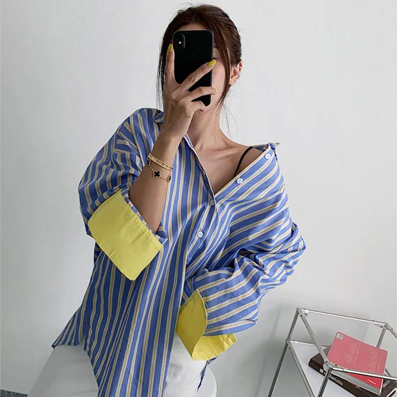 Spring Autumn Women's Fashion Color Blocking Striped Shirt Korean Style Loose Fit Slimming Medium-Length Base Shirt Casual