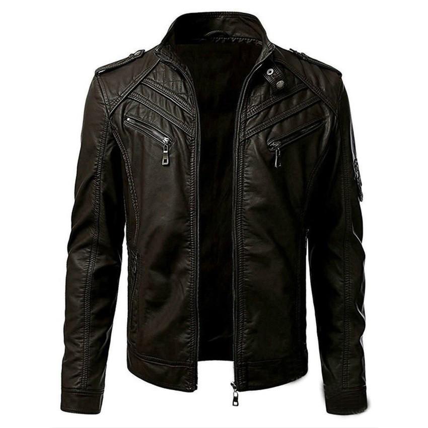 2023 European & American Stand-Up Collar Men's Punk Motorcycle Leather Jacket