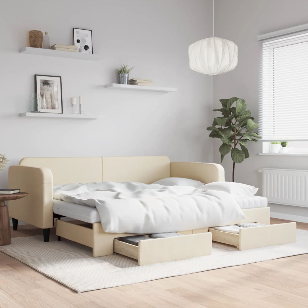 Pull Out Daybed with Drawers Cream 90 X 200 Cm Fabric