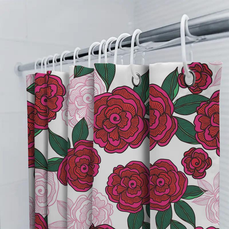 Vintage Floral Shower Curtain, Retro Decorative Bath Matting Waterproof Fabric Print Bathroom Accessories Pink Red Blossoms 3D D
